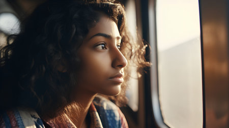 Portrait of a young african american woman in train.の素材