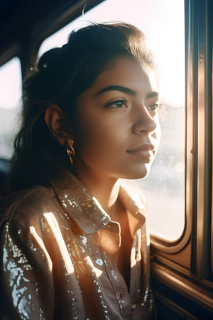Portrait of a beautiful young brunette woman in a train.の素材