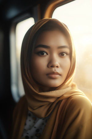 Portrait of beautiful asian muslim woman in yellow hijab.の素材