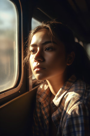 Portrait of a young beautiful girl in a train in the eveningの素材