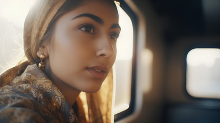 Portrait of a beautiful young woman in the plane. Beauty, fashion.の素材