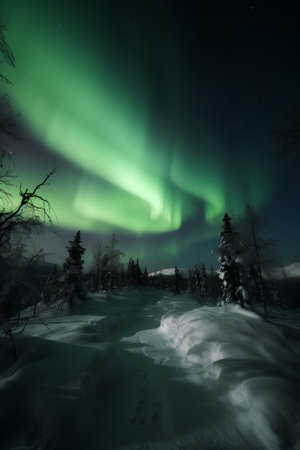 Northern lights in the sky above the winter forest. 3d renderingの素材