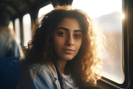 Portrait of a beautiful young woman with curly hair in a train.の素材