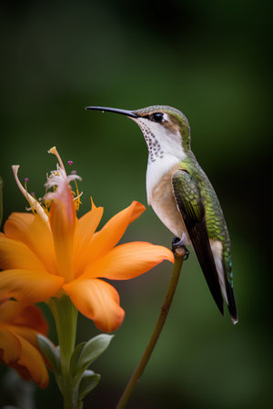 Female Ruby-throated Hummingbird (archilochus colubris) perching on orange flower in garden, Brazil, South Americaの素材