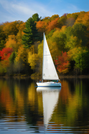 Sailing boat on the lake in the autumn forest. Beautiful autumn landscape.の素材