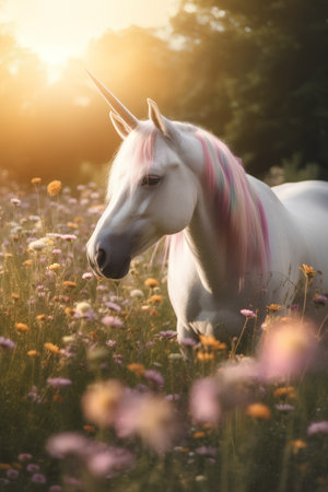 White unicorn in the meadow with flowers at sunset or sunrise.の素材