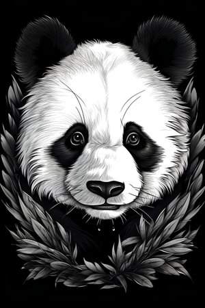 Panda bear in the forest. Black and white vector illustration.の素材