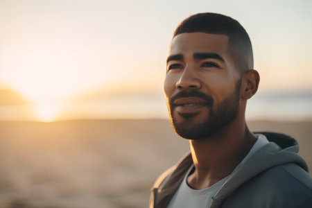 Portrait of a handsome young man standing on the beach at sunsetの素材