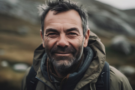 Portrait of a senior man with a beard in the mountains.の素材