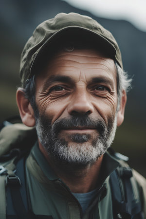 Portrait of a smiling senior man with a backpack in the mountains.の素材
