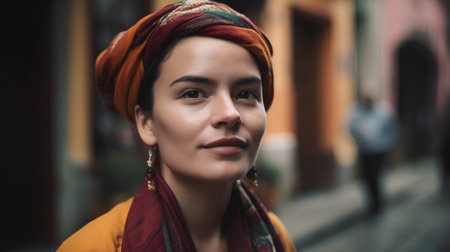 Portrait of a beautiful young woman with turban in the cityの素材