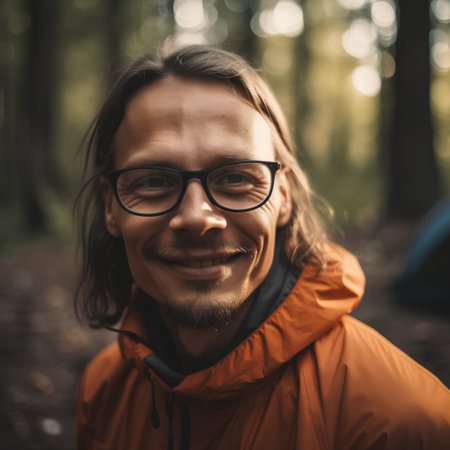 Portrait of a smiling man with glasses on the background of the forestの素材
