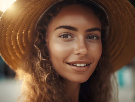 Close up portrait of beautiful young woman with curly hair wearing straw hatの素材