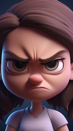 Cartoon girl with sad expression on her face. 3D illustration.の素材