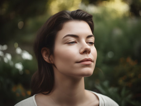 Portrait of a beautiful young brunette woman in a park.の素材