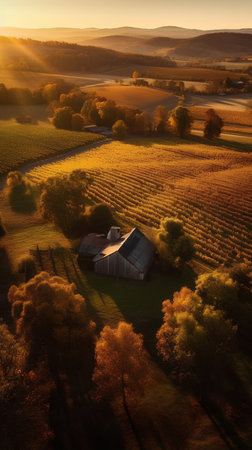 Aerial view of agricultural fields and farmhouse in the morning lightの素材