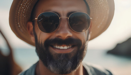 Close up portrait of a young man in hat and sunglasses on the beachの素材