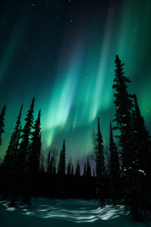 Aurora borealis in the night sky above the forest.の素材