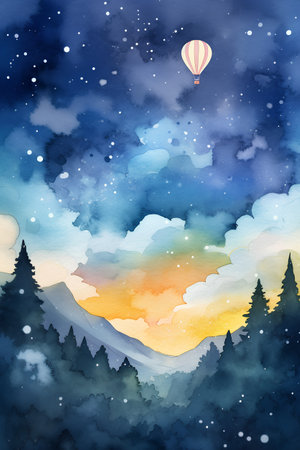 Watercolor winter landscape with mountains, clouds and hot air balloon.の素材