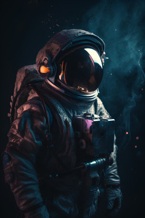 Astronaut in spacesuit and helmet with smoke on dark backgroundの素材