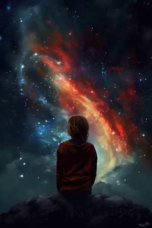 Man looking at nebula and stars. Elements of this image are furnished by NASAの素材