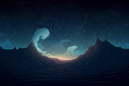 Fantastic night landscape with mountains and sea waves. Vector illustration.の素材