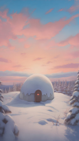 Winter landscape with snow covered igloo in the mountains. Retro style.の素材
