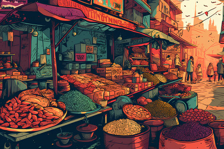 Street market in Istanbul, Turkey. Colorful sketch vector illustration.の素材