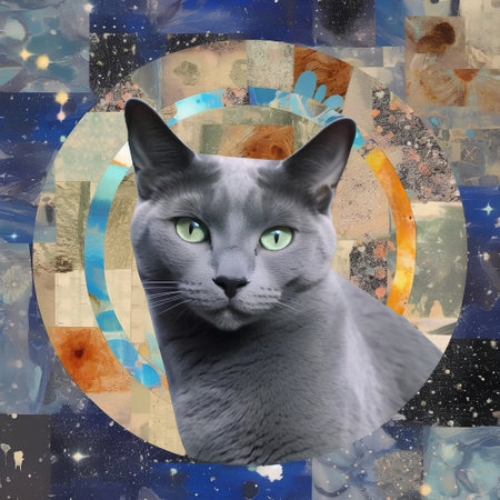 Digital collage of a blue cat on a grunge background with circlesの素材