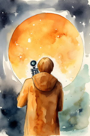 Watercolor illustration of a man with a camera in his hand.の素材