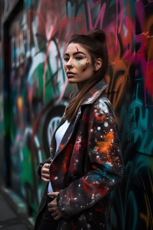 Portrait of a beautiful young woman with bright make-up posing against graffiti wall.の素材