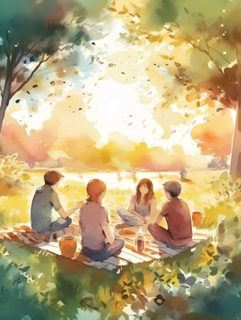 People on a picnic in the autumn park. Watercolor illustration.の素材