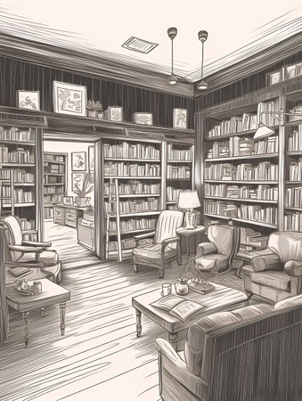 Sketch of the interior of an old school library with bookshelf and armchairs.の素材