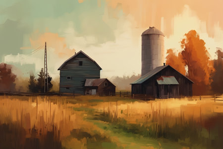 Illustration of a rural landscape with barns and silos.の素材