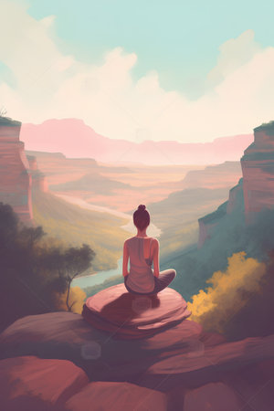 Woman meditating on a rock in the desert. Vector illustration.の素材