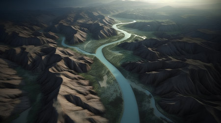 Beautiful desert landscape with river in the mountains. 3d renderの素材