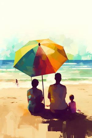 Family sitting on the beach under an umbrella. Colorful vector illustration.の素材
