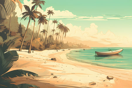 Tropical beach with palm trees, boat and sand. Vector illustrationの素材