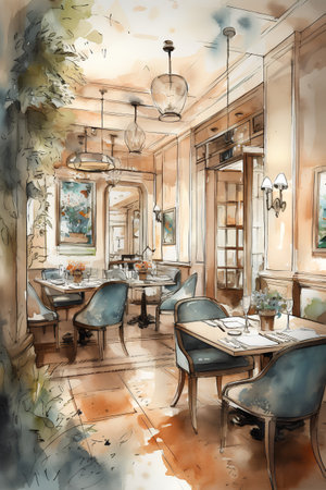 Sketch of the interior of a restaurant. Watercolor illustrationの素材