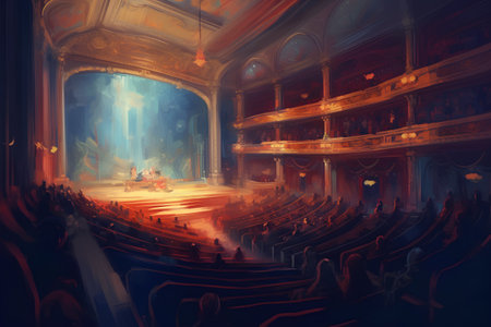 Illustration of the old theater with people in the foreground, illuminated by the spotlightの素材