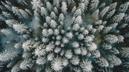 Aerial view of winter forest with snow covered trees. Top viewの素材