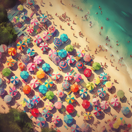 Aerial view of the beach with umbrellas and sunbeds. Toned.の素材