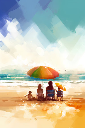Illustration of a family relaxing on the beach under an umbrella.の素材
