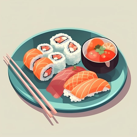 Illustration of a Sushi Set on a Plate with Chopsticksの素材