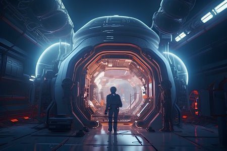 3D rendering of an astronaut in an alien space station with his back to the viewerの素材