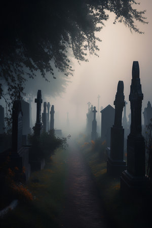 Gravestones in the cemetery with fog. Halloween concept. 3D Renderingの素材