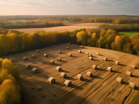 Aerial view of hay bales in the field at sunset.の素材