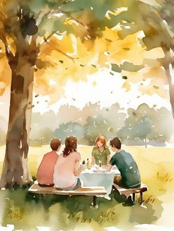 Illustration of family having picnic in the park. Watercolor paintingの素材