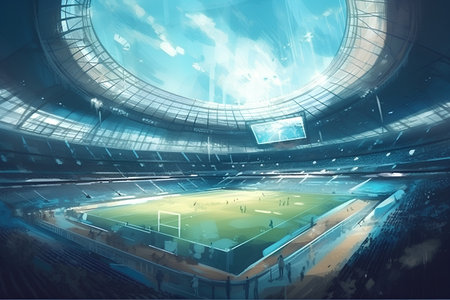 Football or soccer stadium with green grass field and blue sky. Vector illustrationの素材