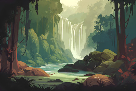 Waterfall in the forest. Waterfall in jungle. Vector illustrationの素材